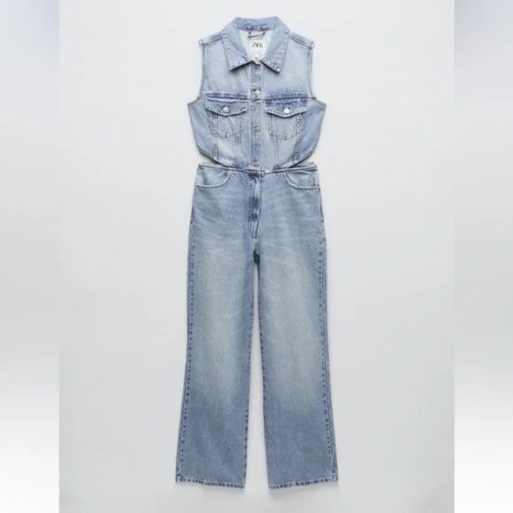 ZARA FULL LENGTH CUT OUT DENIM JUMPSUIT - Picture 4 of 7